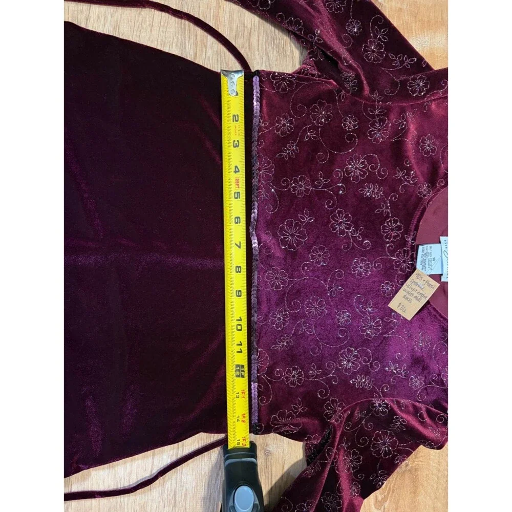 Vintage 90s Iz Byer Sequin Glitter Floral Burgundy Flutter Sleeve Velour Dress